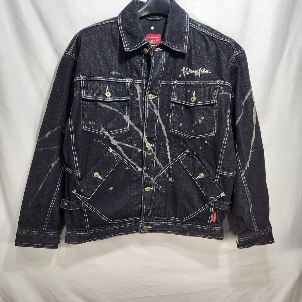 Vintage Platinum FUBU Mens Black Acid Splash Denim Jacket‎ Size L